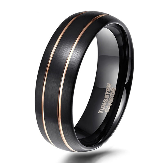 8mm Tungsten Ring Mens Black With Double Gold Lines Dome Band Comfort Fit