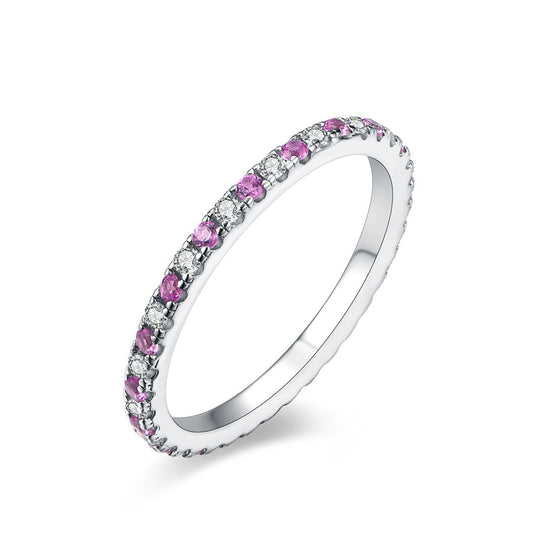 Pink Round Sapphire Moissanite Diamond Sterling Silver 10K 14K Gold Eternity Ring