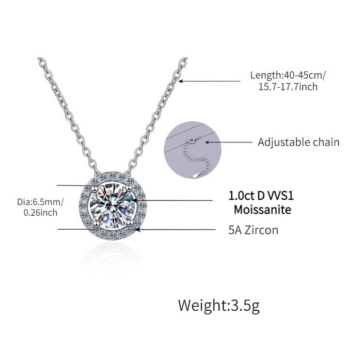 Moissanite Diamond Halo Sterling Silver Necklace
