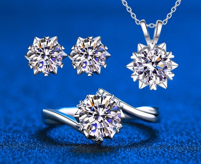 Moissanite Diamond Pendant Necklace Solitaire Ring Stud Earring Jewellery Set