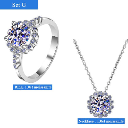 Halo Flower Moissanite Diamond Jewellery Set Necklace Ring