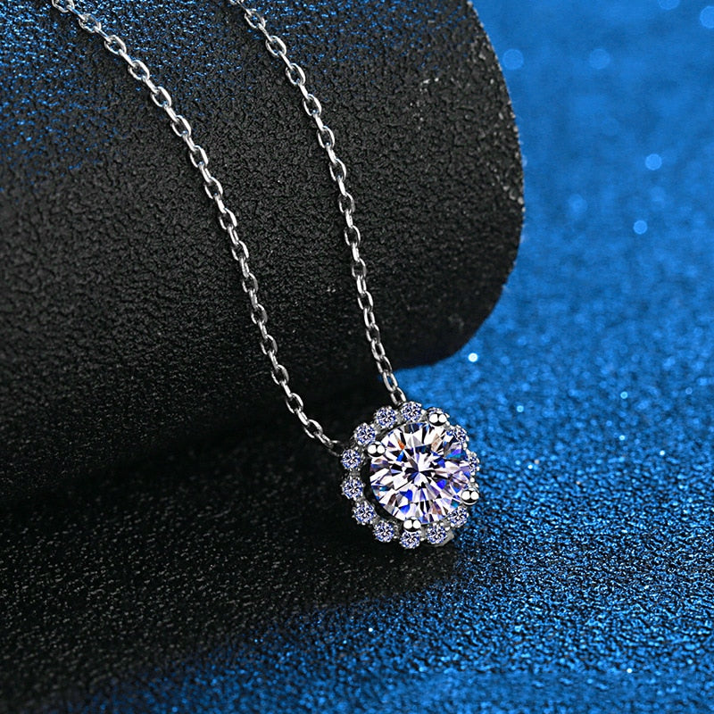 Halo Flower Moissanite Diamond Sterling Silver Necklace UK
