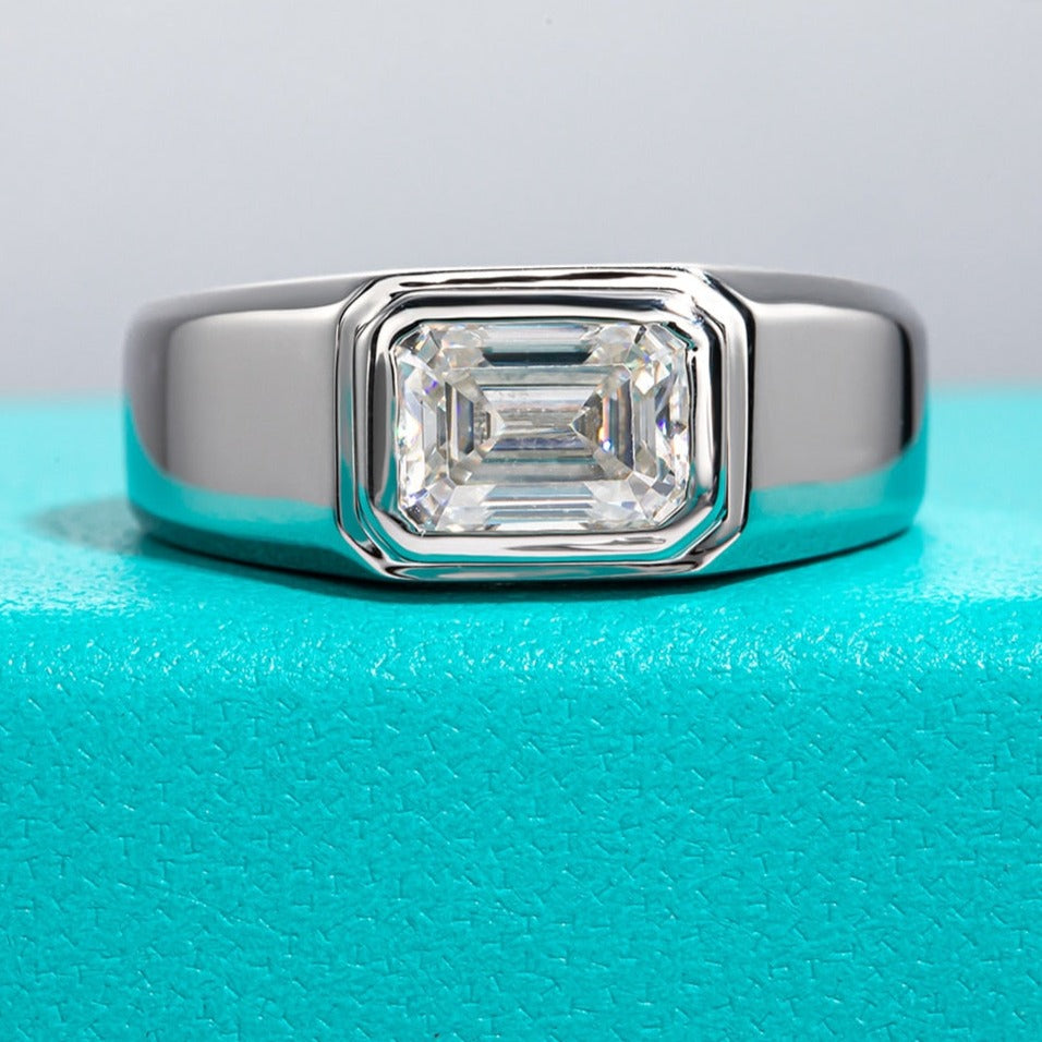 Mens Emerald Cut Moissanite Diamond Sterling Silver Engagement Ring