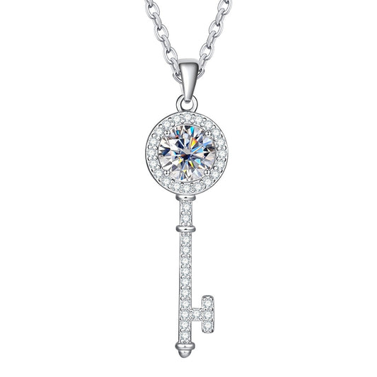 1 Carat Moissanite Diamond Key Pendant Necklace Sterling Silver