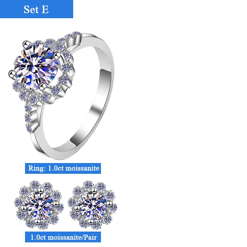 Halo Flower Moissanite Diamond Jewellery Set Earrings Ring